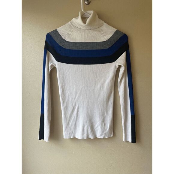 Athleta Wool Blend White with Grey and Blue Striped Turtleneck Sweater Size XS - Picture 1 of 2
